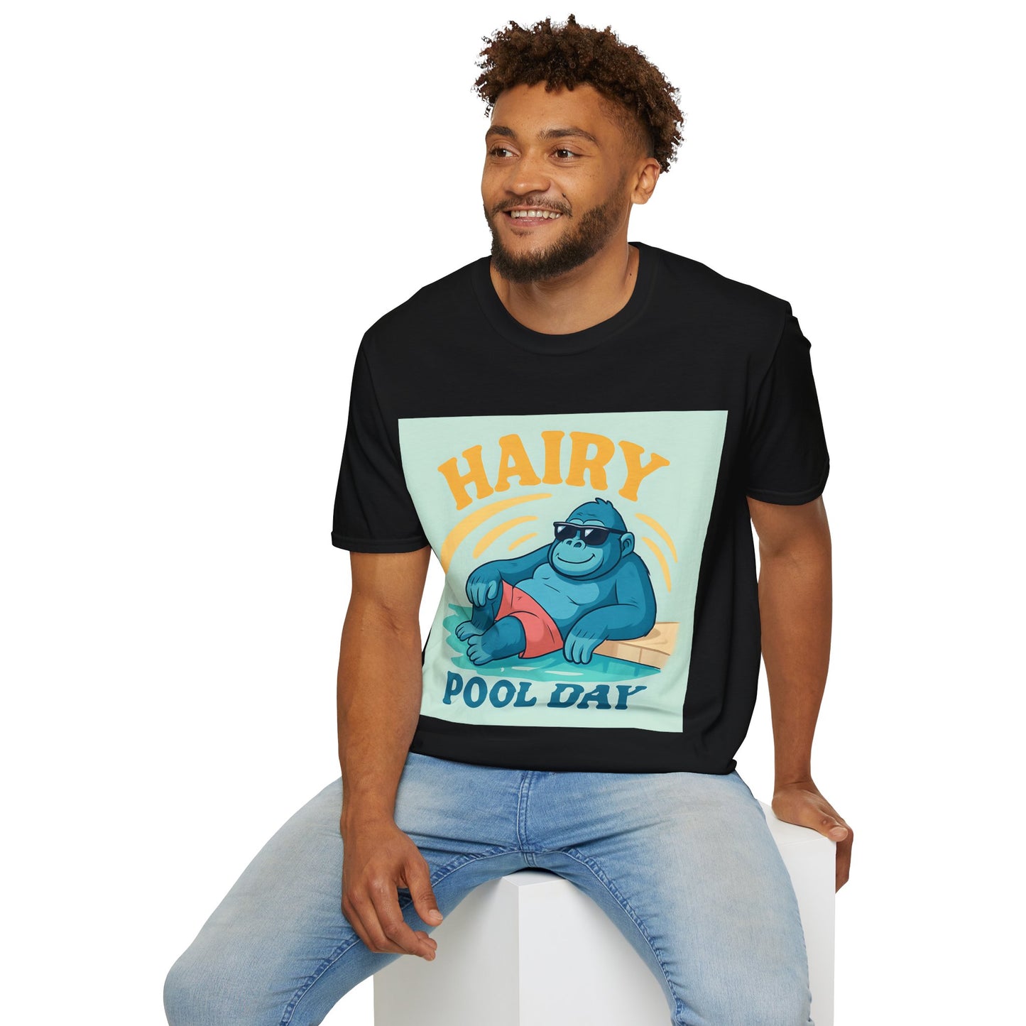 Hairy Pool Day Unisex Softstyle T-Shirt, Funny Summer Tee, Beach Party Shirt, Gorilla Graphic Shirt, Perfect Gift for Pool Lovers
