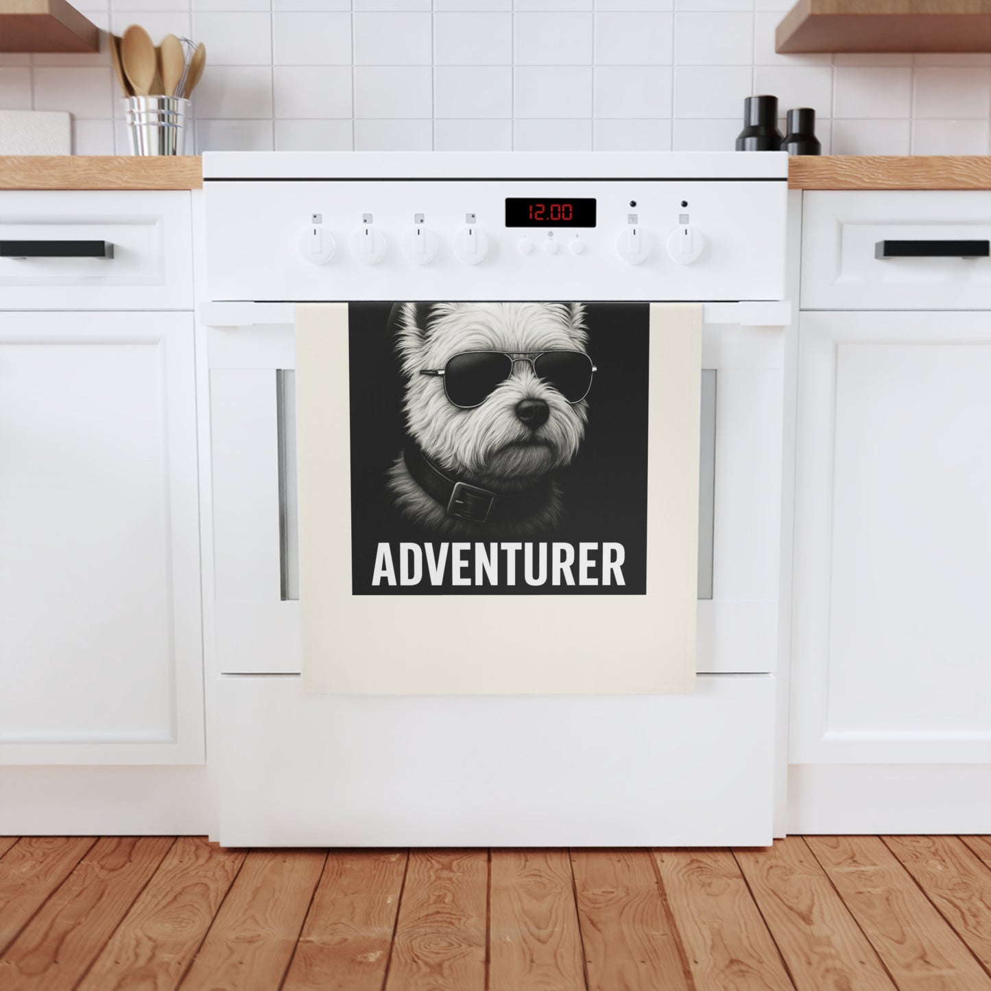 Cool Adventurer Westie Terrier Dog Cotton Tea Towel - Fun Kitchen Decor, Gift for Pet Lovers, Unique Home Accessory, Dog Mom Gift, Adventure Theme Towel