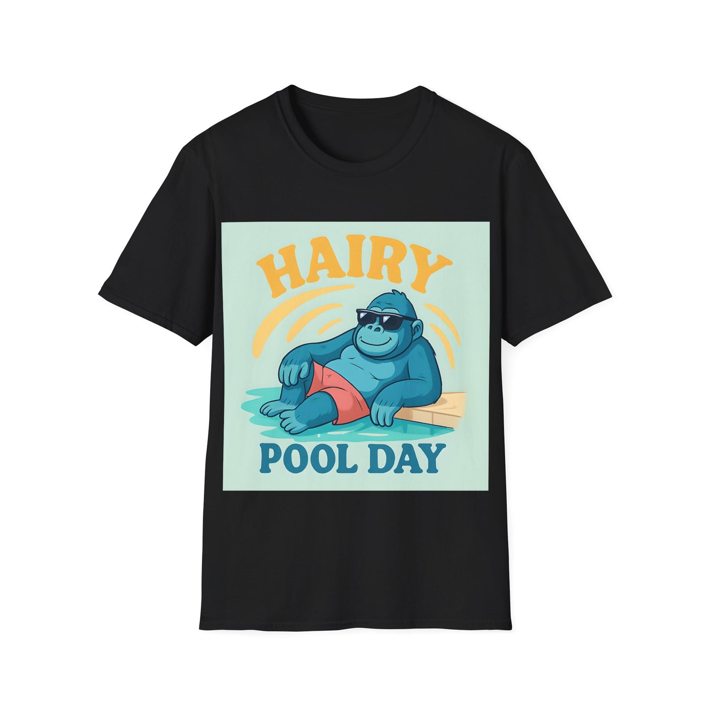 Hairy Pool Day Unisex Softstyle T-Shirt, Funny Summer Tee, Beach Party Shirt, Gorilla Graphic Shirt, Perfect Gift for Pool Lovers