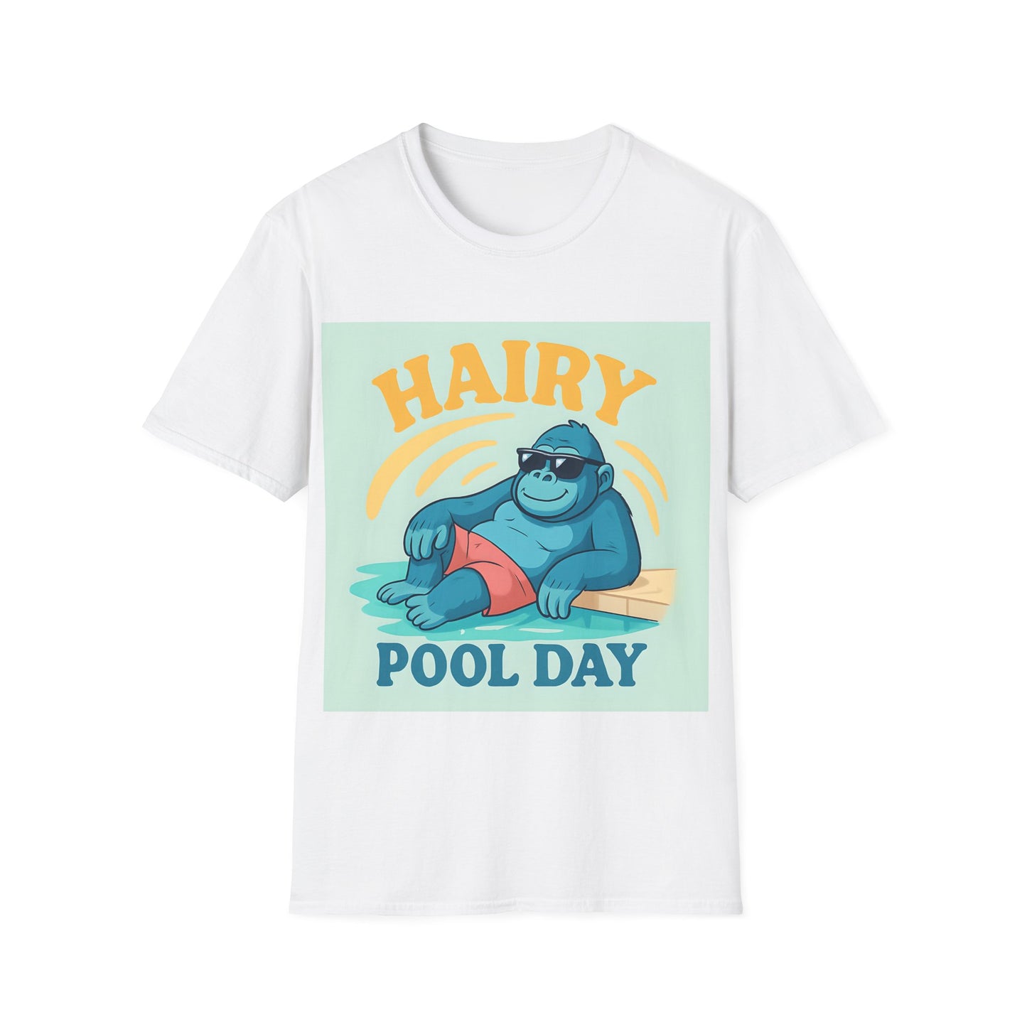 Hairy Pool Day Unisex Softstyle T-Shirt, Funny Summer Tee, Beach Party Shirt, Gorilla Graphic Shirt, Perfect Gift for Pool Lovers