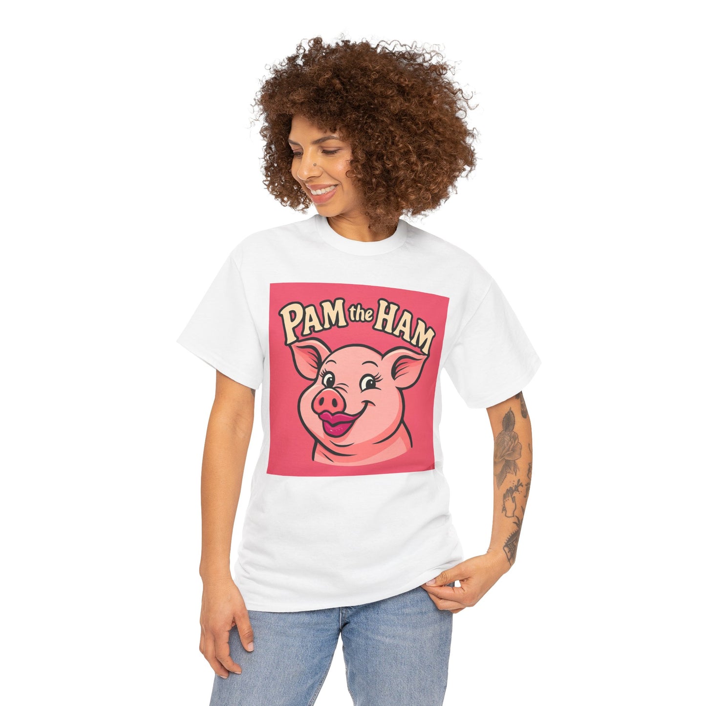Pam the Ham Unisex Heavy Cotton Tee | Fun Graphic T-Shirt, Gift for Pig Lovers, Cute Animal Shirt, Casual Wear, Quirky Design
