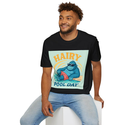 Hairy Pool Day Unisex Softstyle T-Shirt, Funny Summer Tee, Beach Party Shirt, Gorilla Graphic Shirt, Perfect Gift for Pool Lovers