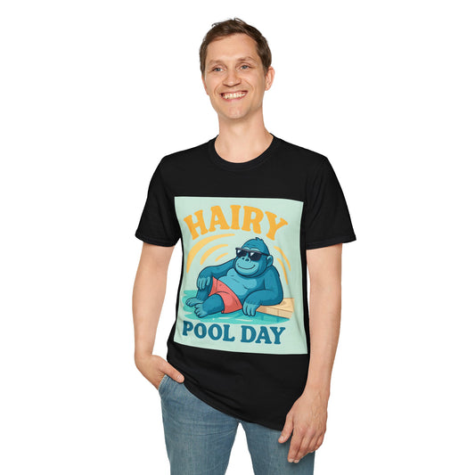 Hairy Pool Day Unisex Softstyle T-Shirt, Funny Summer Tee, Beach Party Shirt, Gorilla Graphic Shirt, Perfect Gift for Pool Lovers