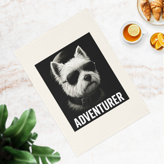 Cool Adventurer  Westie Terrier Dog Cotton Tea Towel - Fun Kitchen Decor, Gift for Pet Lovers, Unique Home Accessory, Dog Mom Gift, Adventure Theme Towel